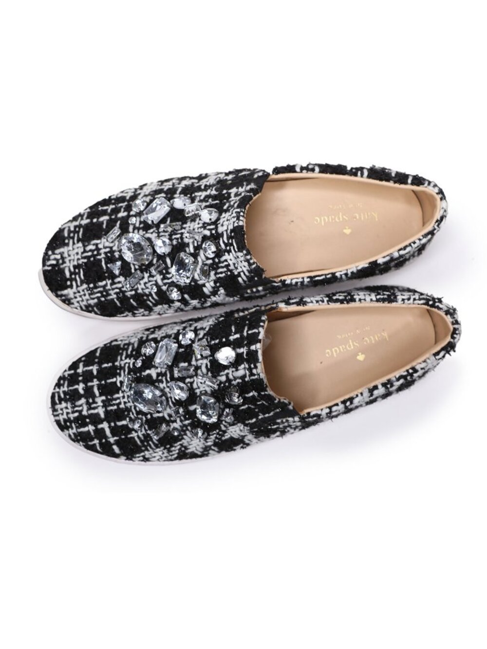 Kate Spade Slater Tweed Crystal Embellished Slip On Sneakers Black White 8.5 - Picture 7 of 13